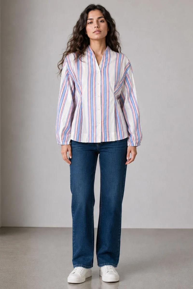 Merin|Cotton Striped Extended Vneck Waist Top