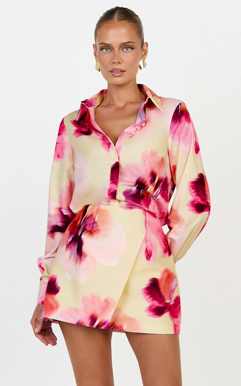 Sailor Top - Collared Button Up Long Sleeve Top in Floral Bloom Print
