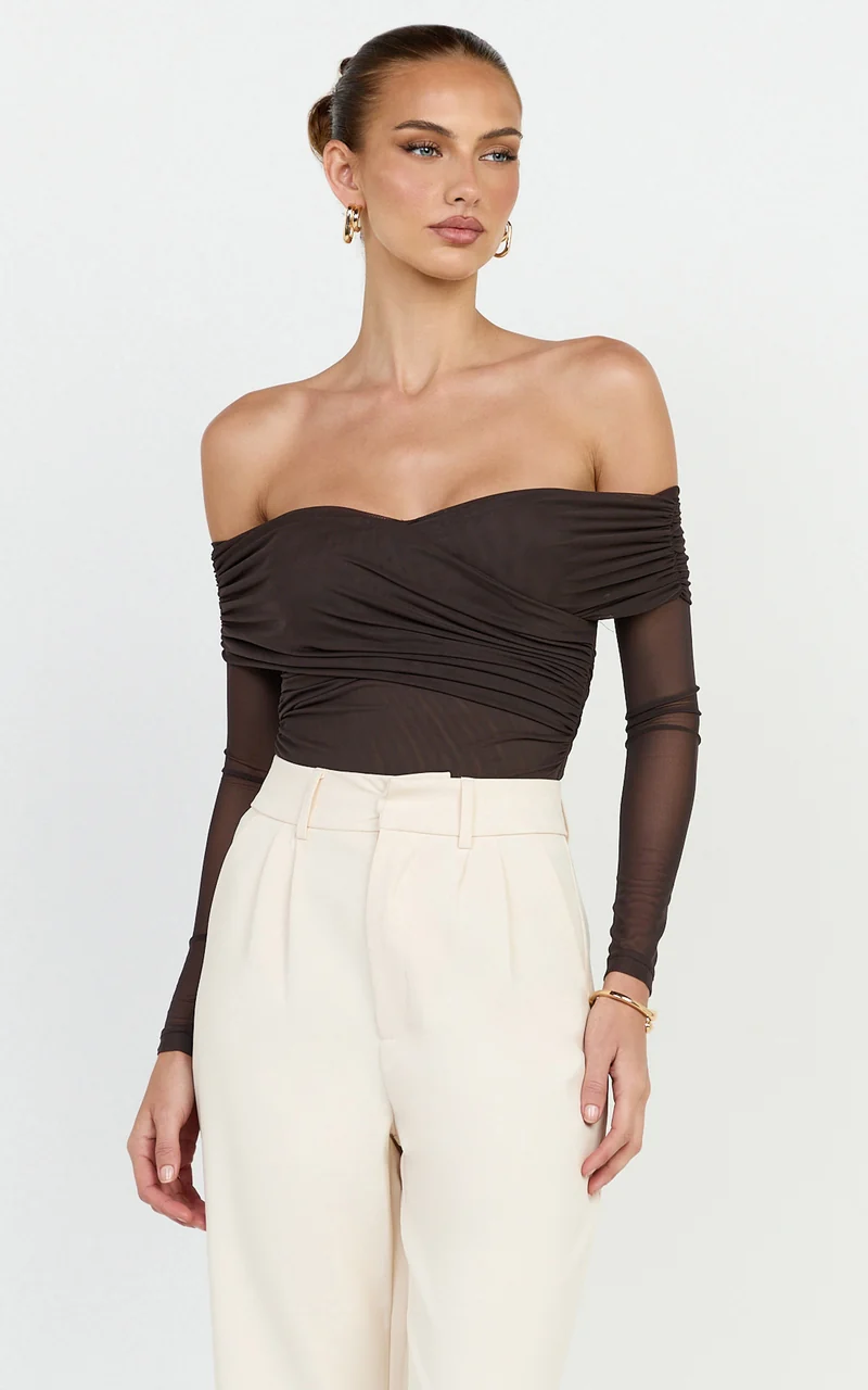 Opal Bodysuit - Long Sleeve Wrapped Off Shoulder Bodysuit in Chocolate