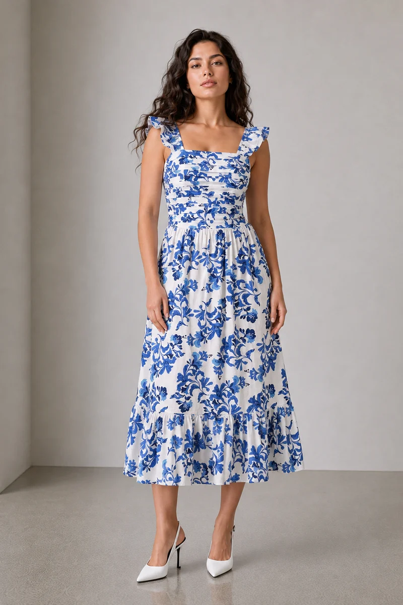 Floren|Cotton Floral Print Fit Flare Midi Dress