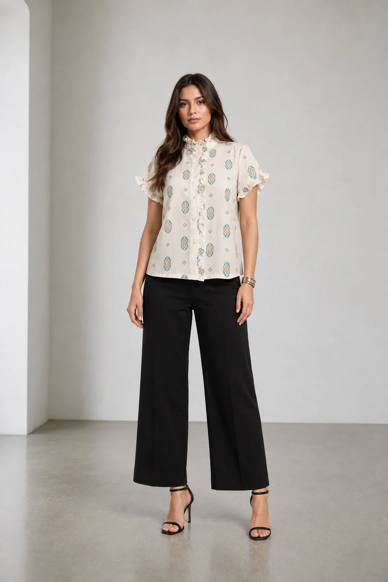 Elori|Ruffle Collar Short Sleeve Shirt