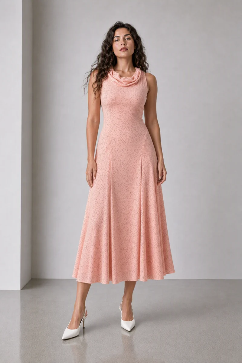 Varel|Viscose Cowl Neck Panelled Midi Dress