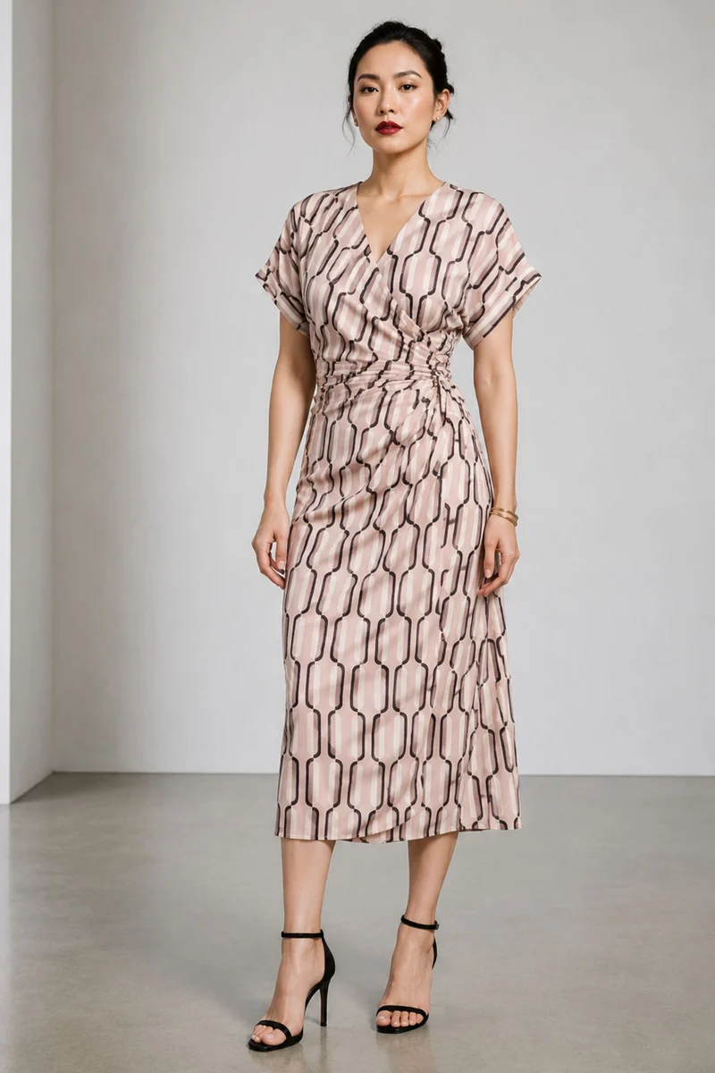Isola|Viscose Geometric Print Wrap Midi Dress