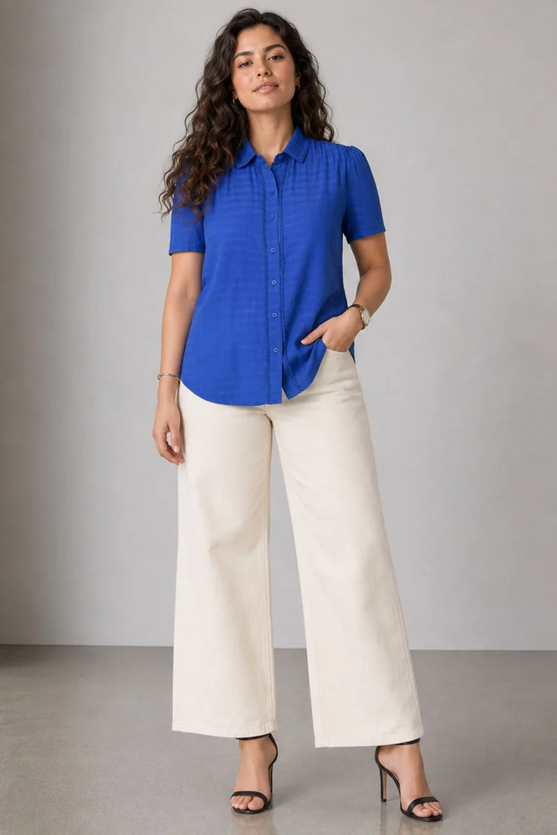 Delyn|Blue Crinkled Cotton Lace Trim Shirt