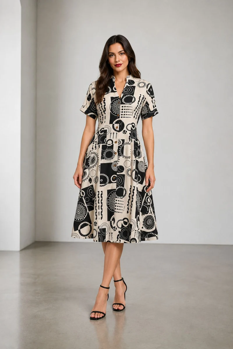 Avelle|Cotton Vneck Panelled Midi Dress