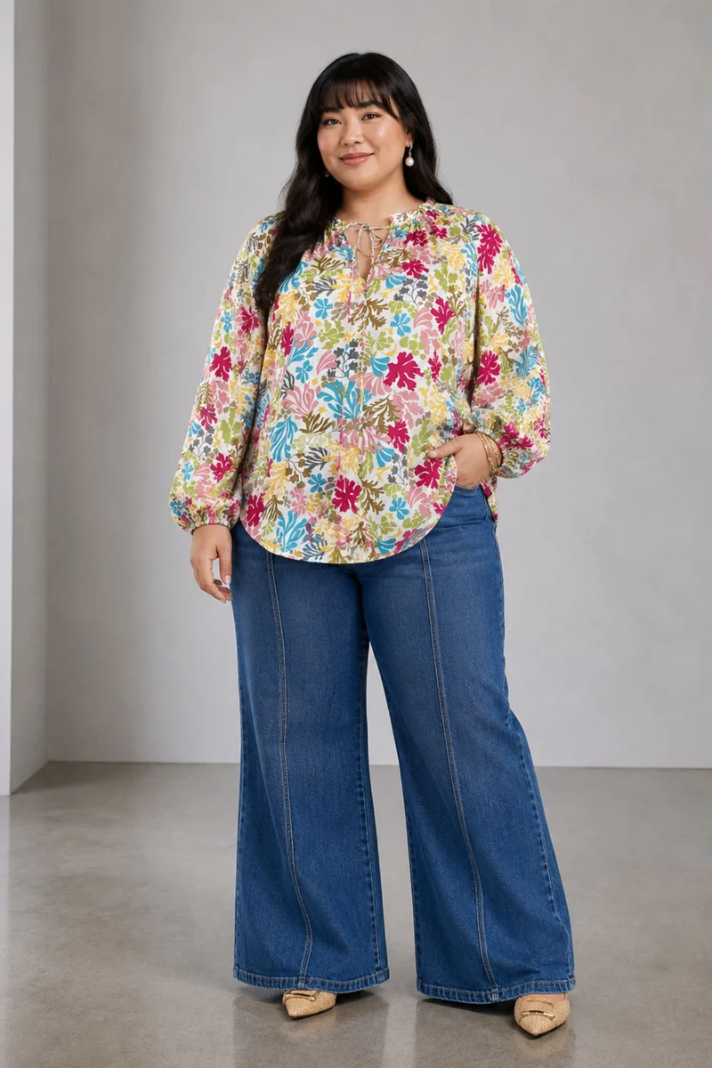 Neria|Cotton Ruffle Split Vneck Top