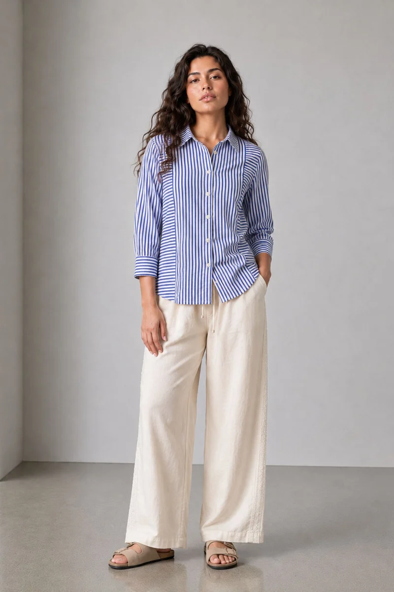 Tavis|Cotton Blue Striped Gathered Cuff Shirt