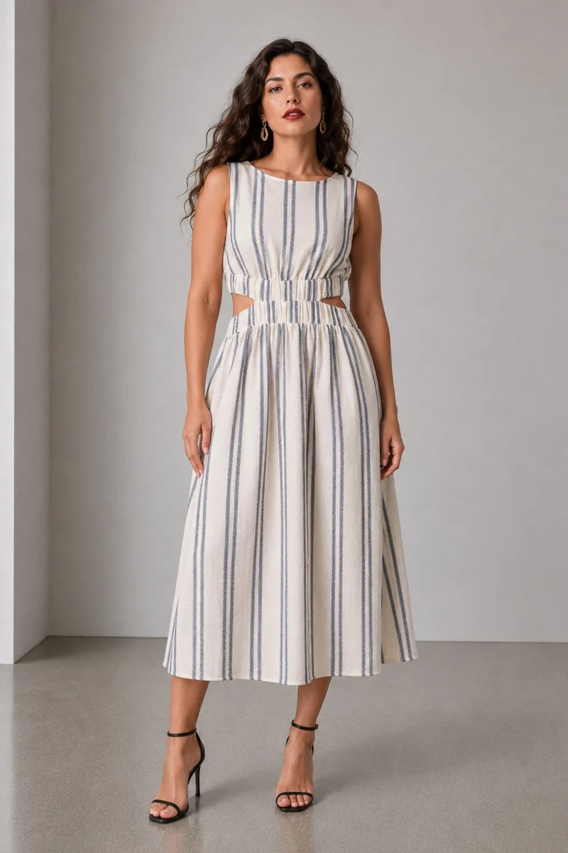 Covi|Cotton Waist Cut Out Striped Midi Dress