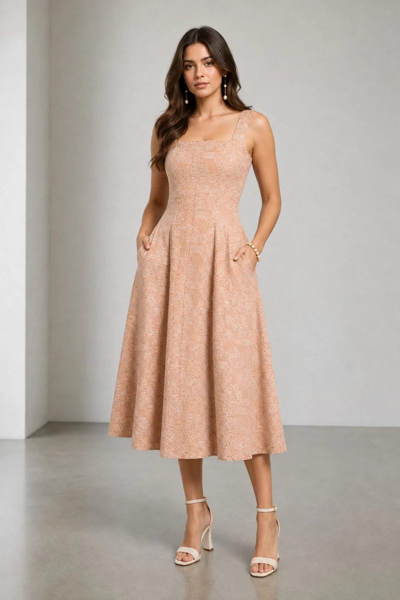 Mireo|Cotton Embroidered Square Neck Midi Dress