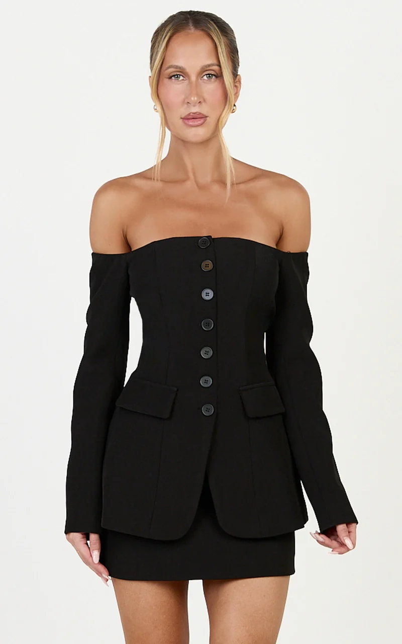 Edith Two Piece Top and Mini Skirt Set - Off Shoulder Button Front Long Sleeve Top and Skirt Set in Black