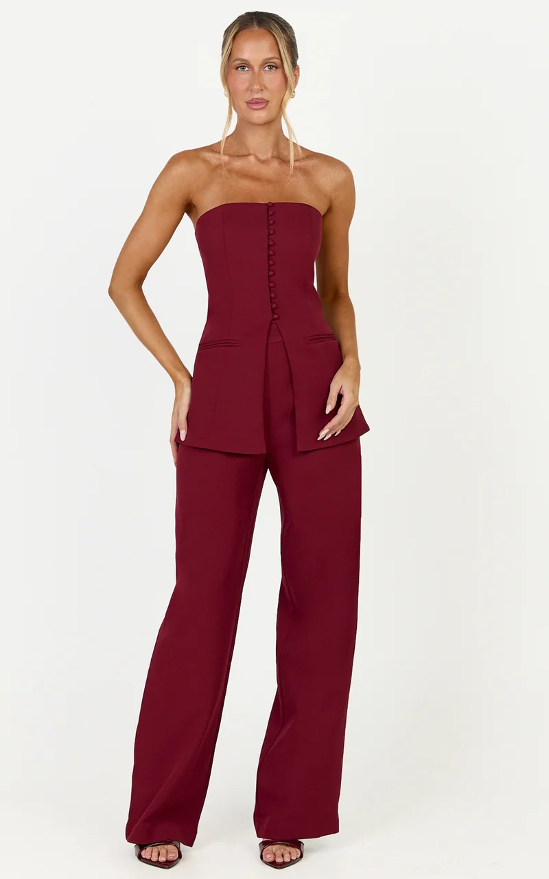 Amelia Two Piece Top and Pant Set - Strapless Button Down Top And Tailored Wide Leg Pants Set in Wine