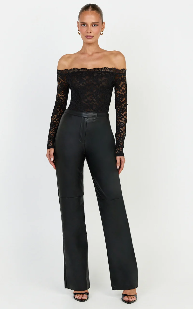 Isabelle Bodysuit - Off Shoulder Long Sleeve Lace Bodysuit in Black