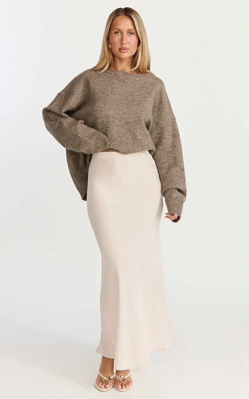 Amari Maxi Skirt - High Waisted Bias Cut Skirt in Champagne
