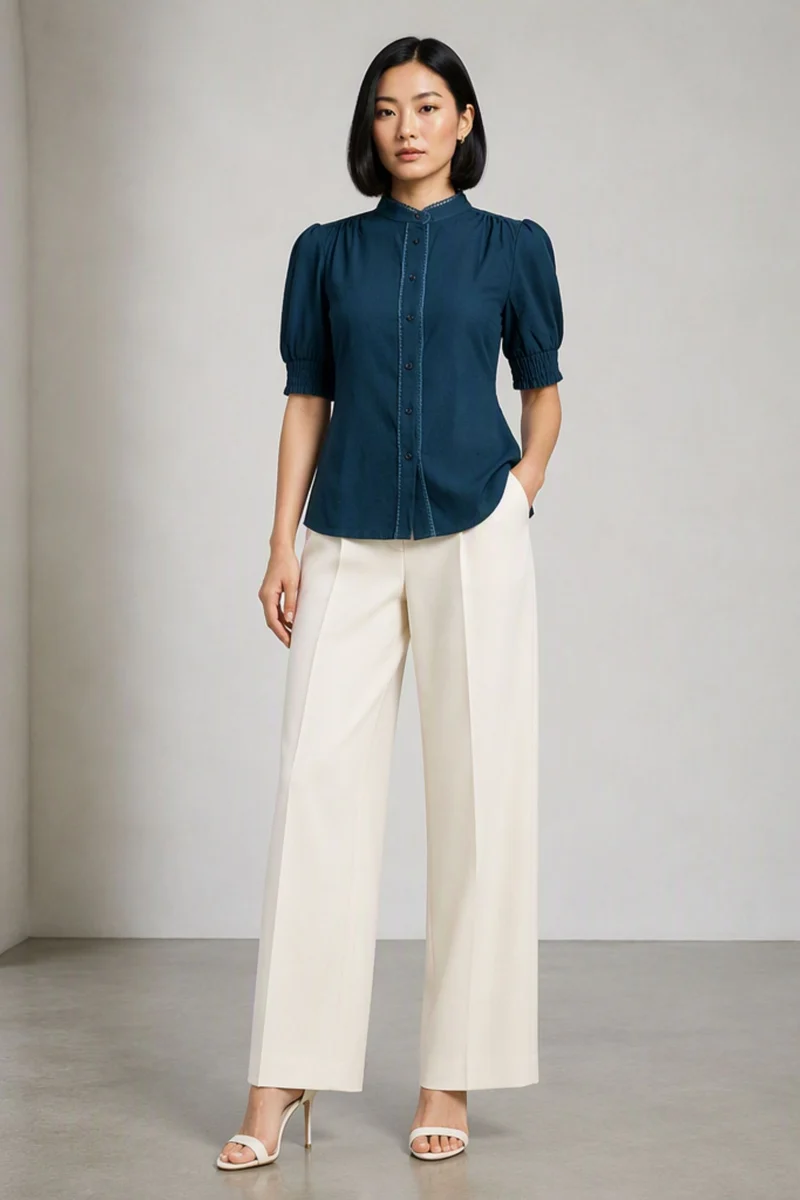Tivra|Teal Cotton Slub Puff Sleeve Shirt