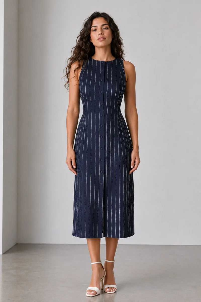 Ovelle|Cotton Round Neck Button Front Midi Dress