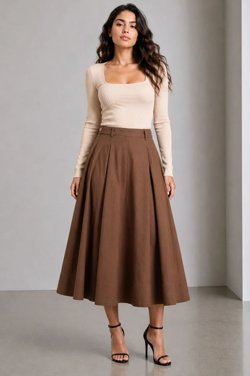 Moren|Cotton Brown Aline Midi Skirt