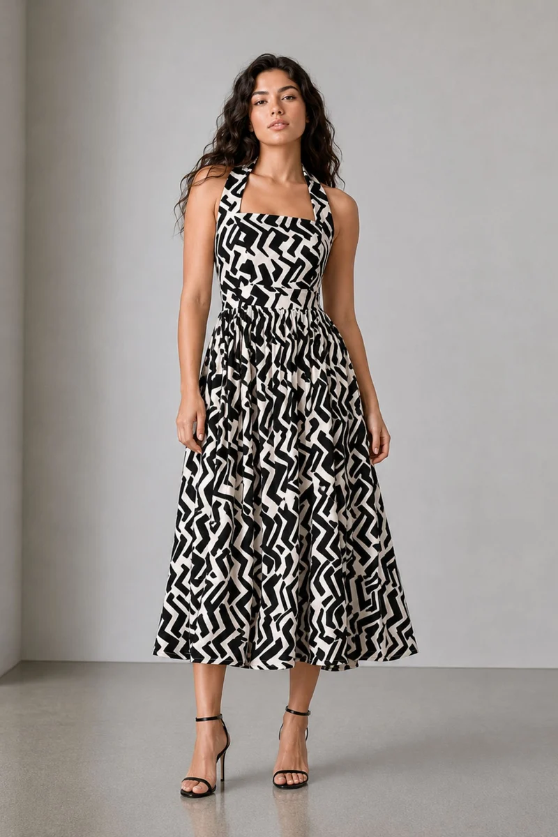 Avela|Cotton Printed Halter Midi Dress
