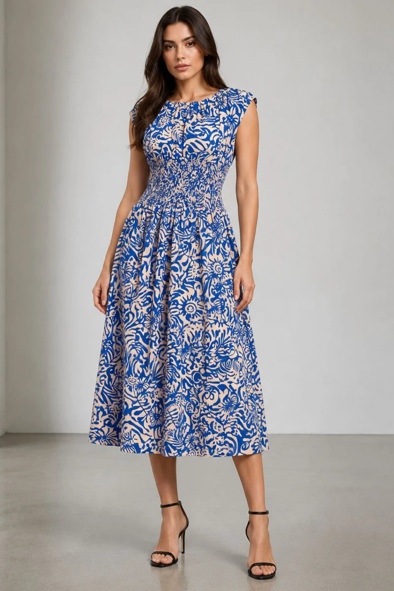 Blyra|Viscose Smocked Waist Midi Dress