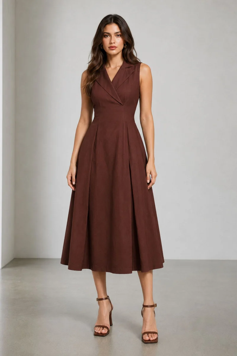 Brenna|Cotton Lapel Collar Wrap Midi Dress