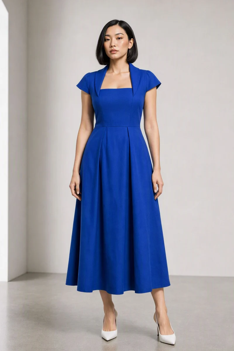 Quella|Cotton Shawl Collar Midi Dress