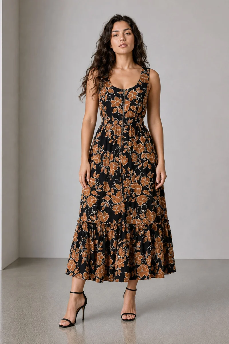 Sorra|Viscose Fit Flare Midi Dress
