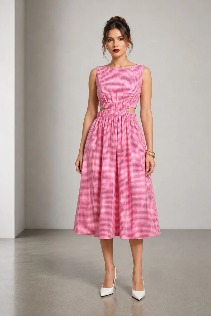 Kiva|Cotton Waist Cut Out Midi Dress