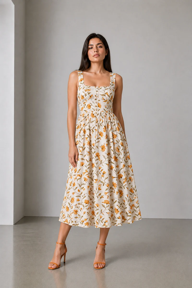 Arden|Viscose Square Neck Printed Midi Dress
