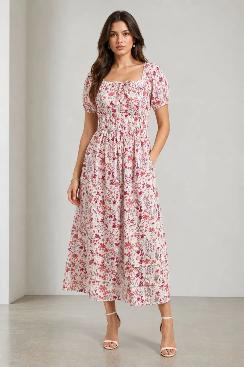 Molina|Viscose Floral Square Neck Midi Dress