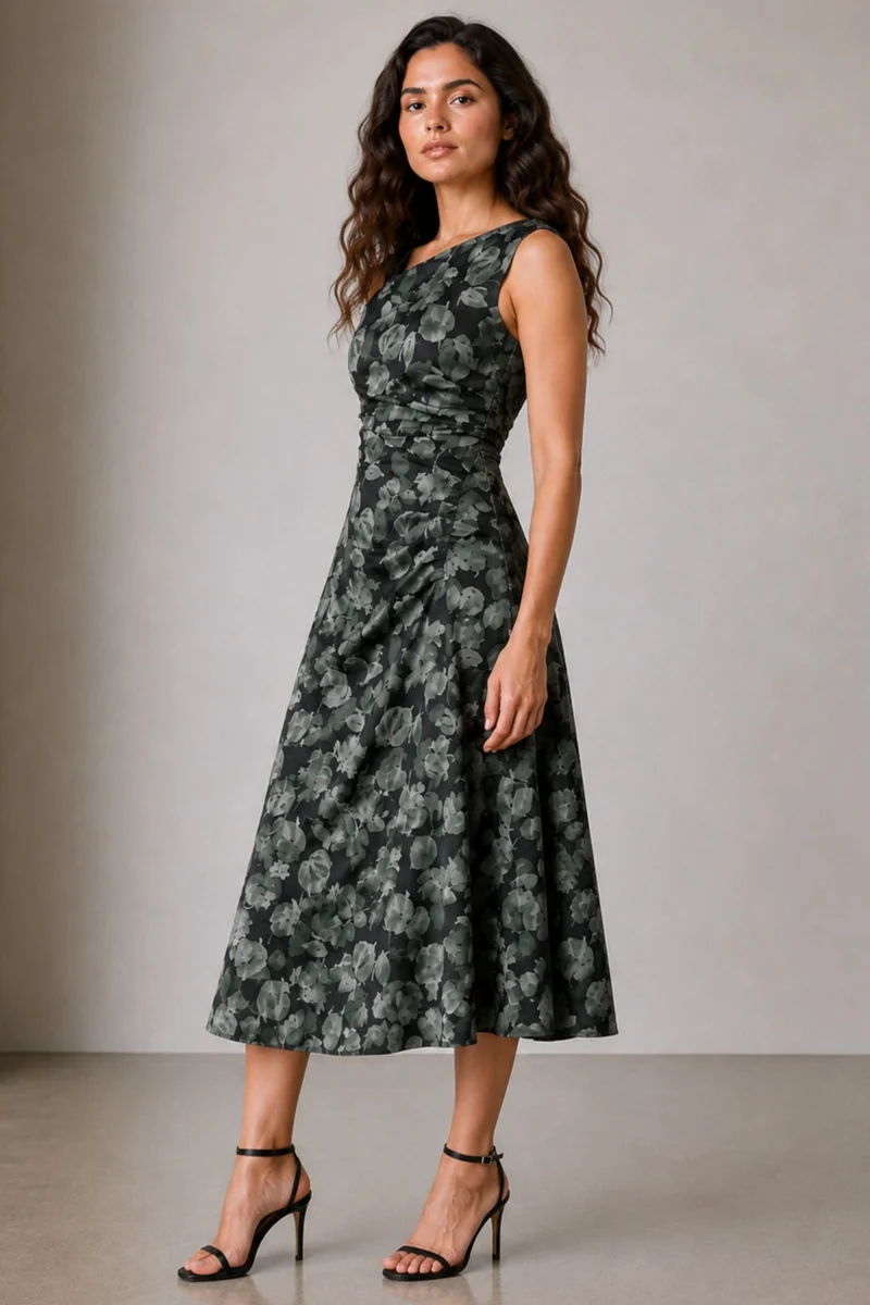 Arion|Cotton Ruched Asymmetrical Neck Midi Dress