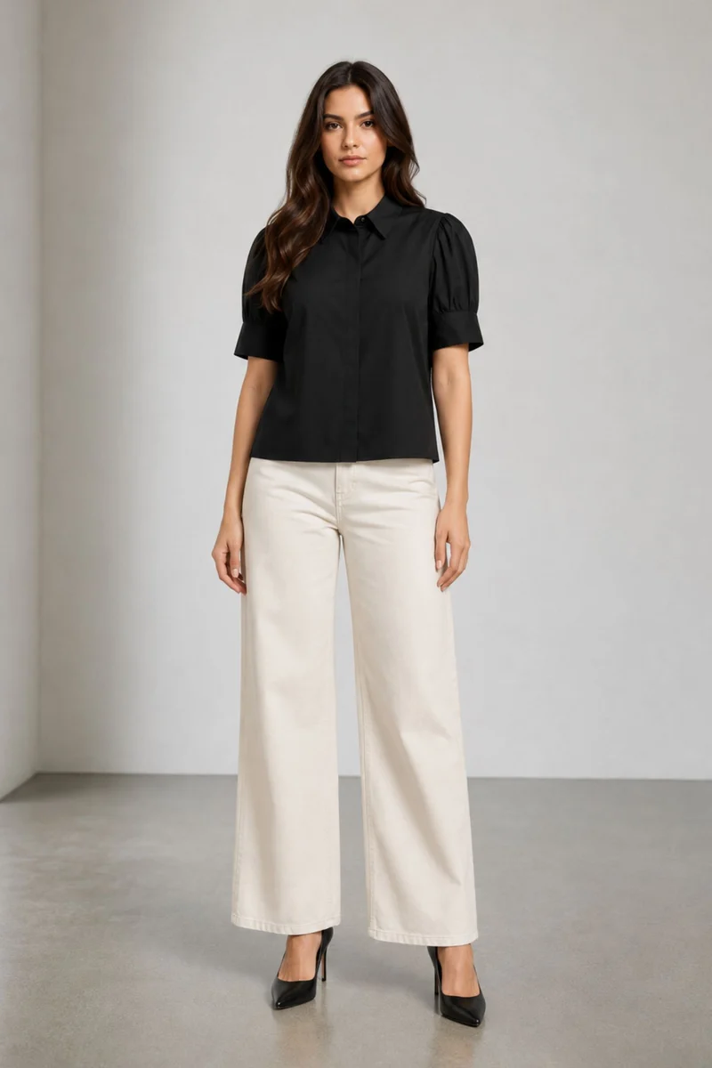 Naven|Cotton Angled Yoke Black Shirt