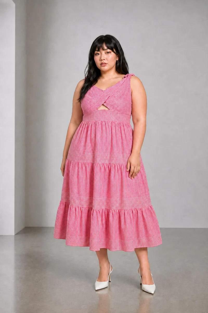 Noviax|Cotton Checkered Dress With Tie Ups