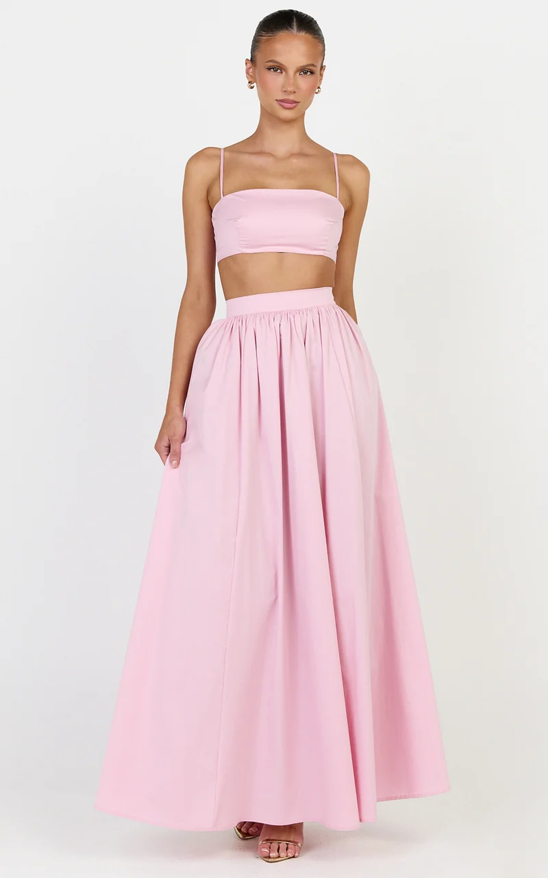 Tegan Two Piece Set - Straight Neck Micro Crop Top and A Line Maxi Skirt Set in Baby Pink