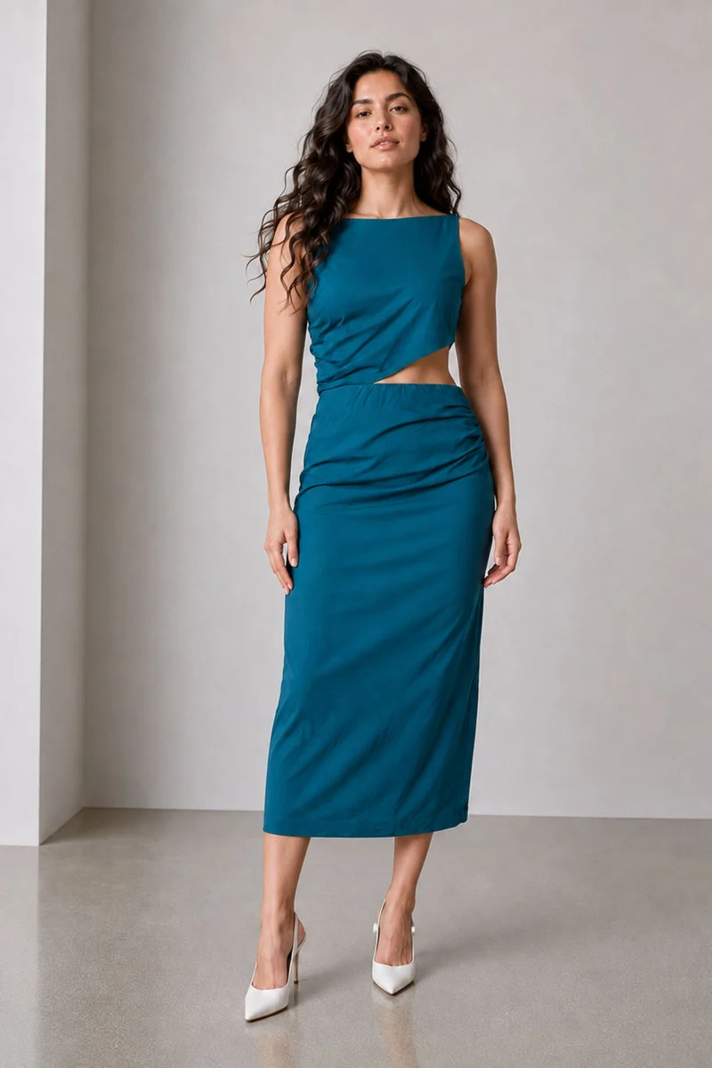 Tess|Linen Boat Neck Waist Cutout Midi Dress
