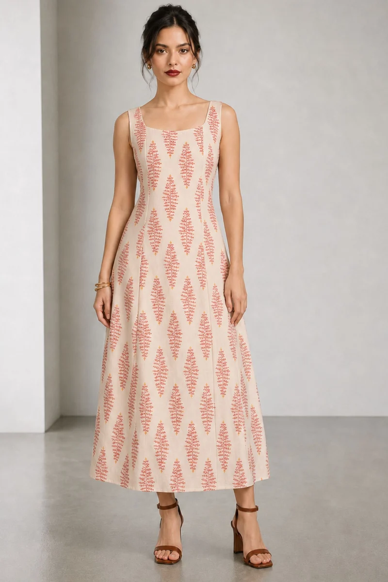 Mirex|Cotton Printed Broad Strap Panel Dress