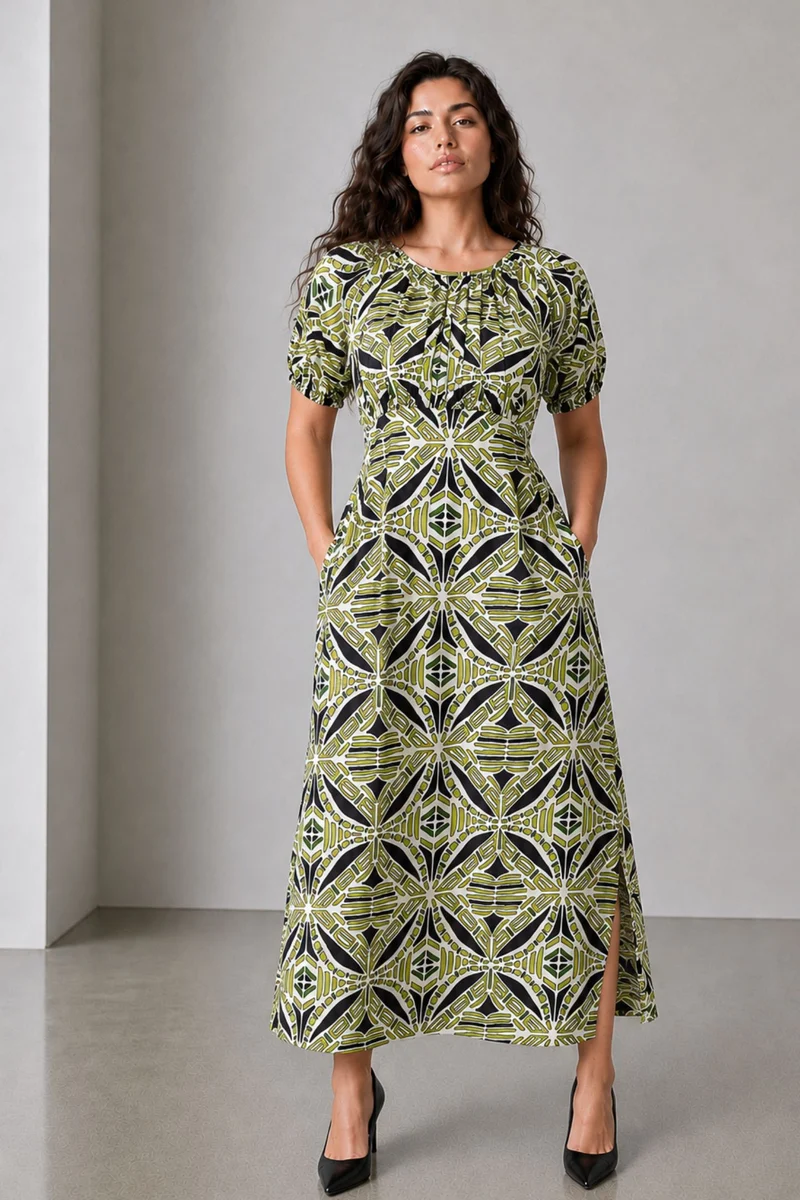 Dovin|Cotton Printed Maxi Dress With Puff Sleeves