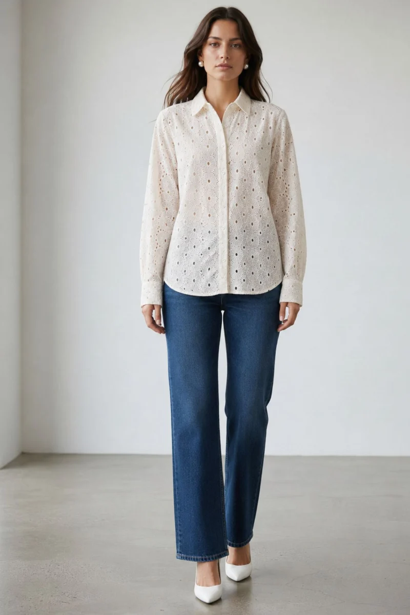 Linora|100% Cotton Embroidered Relaxed Fit Shirt