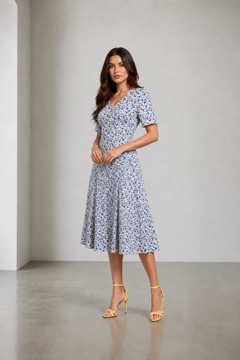 Cavelle|Cotton Fit Flare Vneck Midi Dress