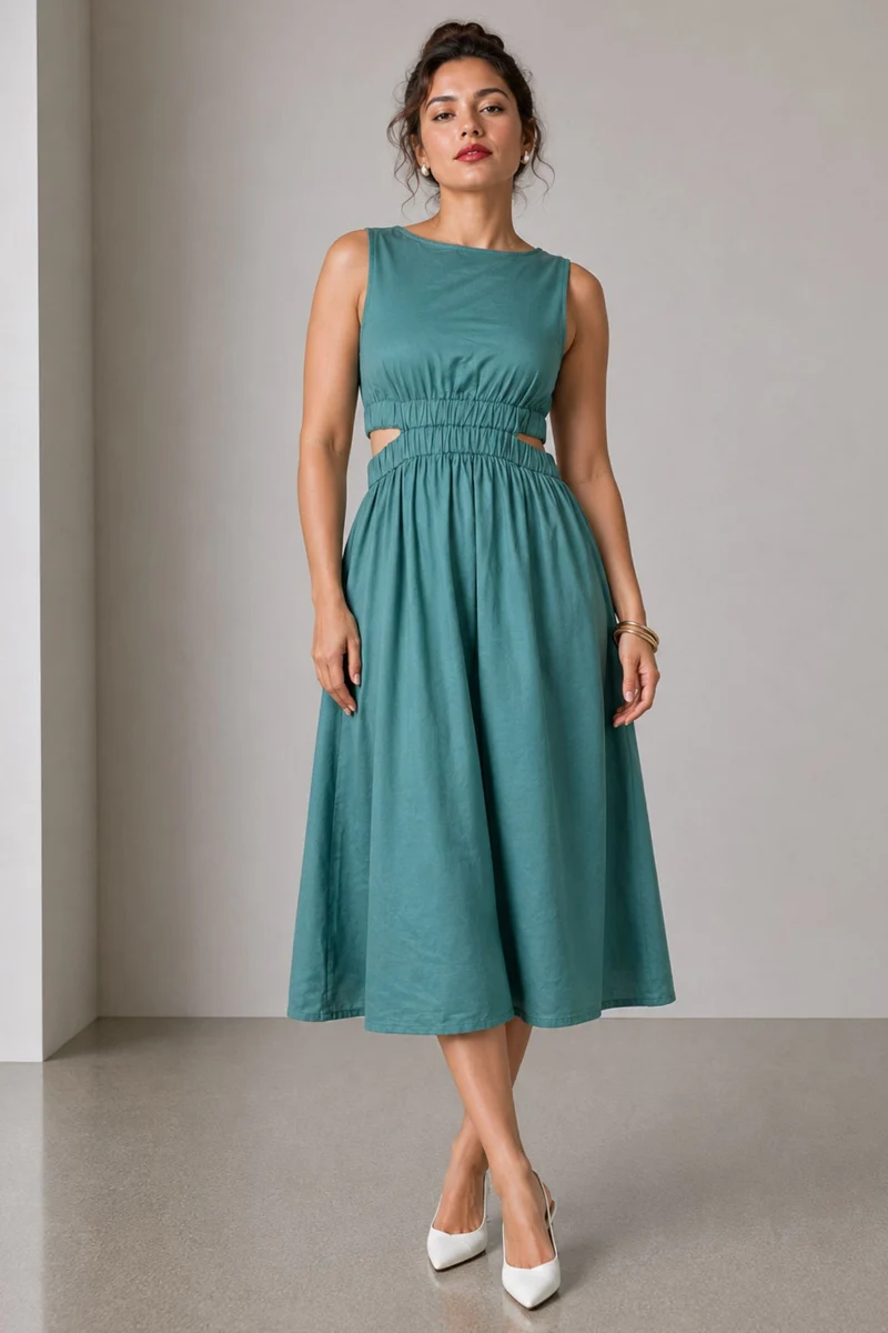 Marel|Cotton Waist Cut Out Midi Dress