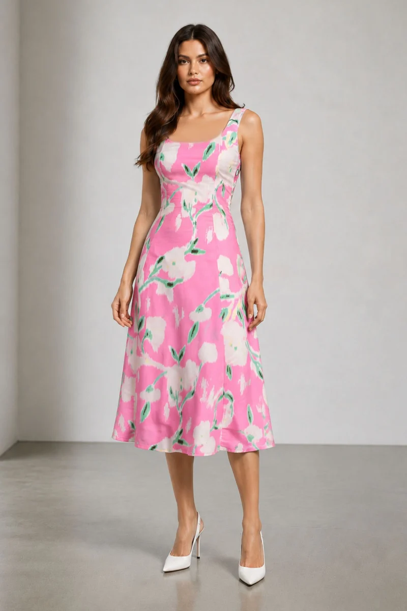 Savine|Viscose Printed Broad Strap Panel Dress
