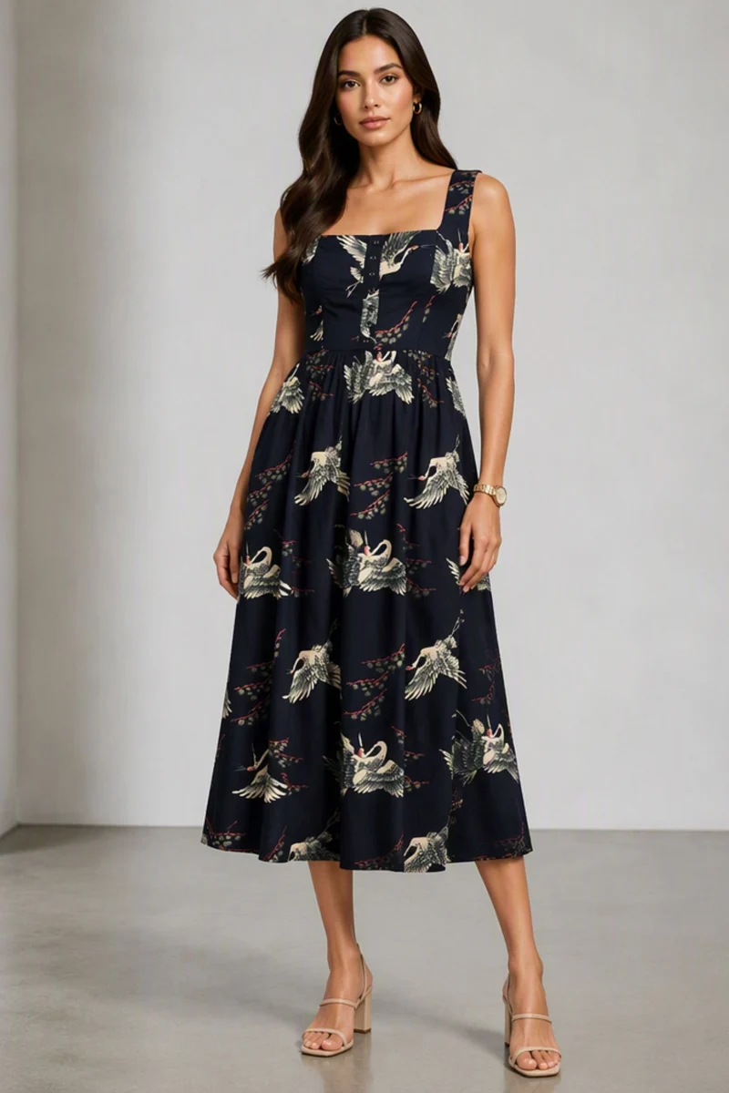 Nolana|Viscose Square Neck Printed Midi Dress