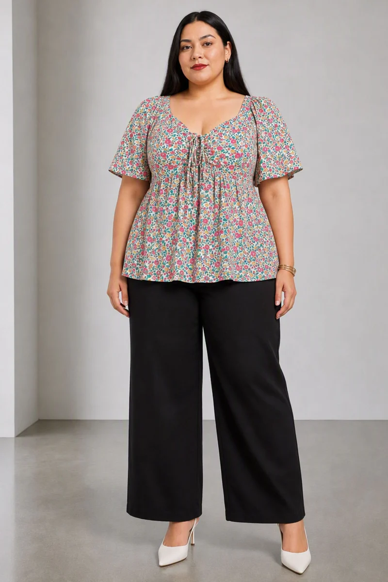 Elia|Viscose Rayon Smocked Peplum Top