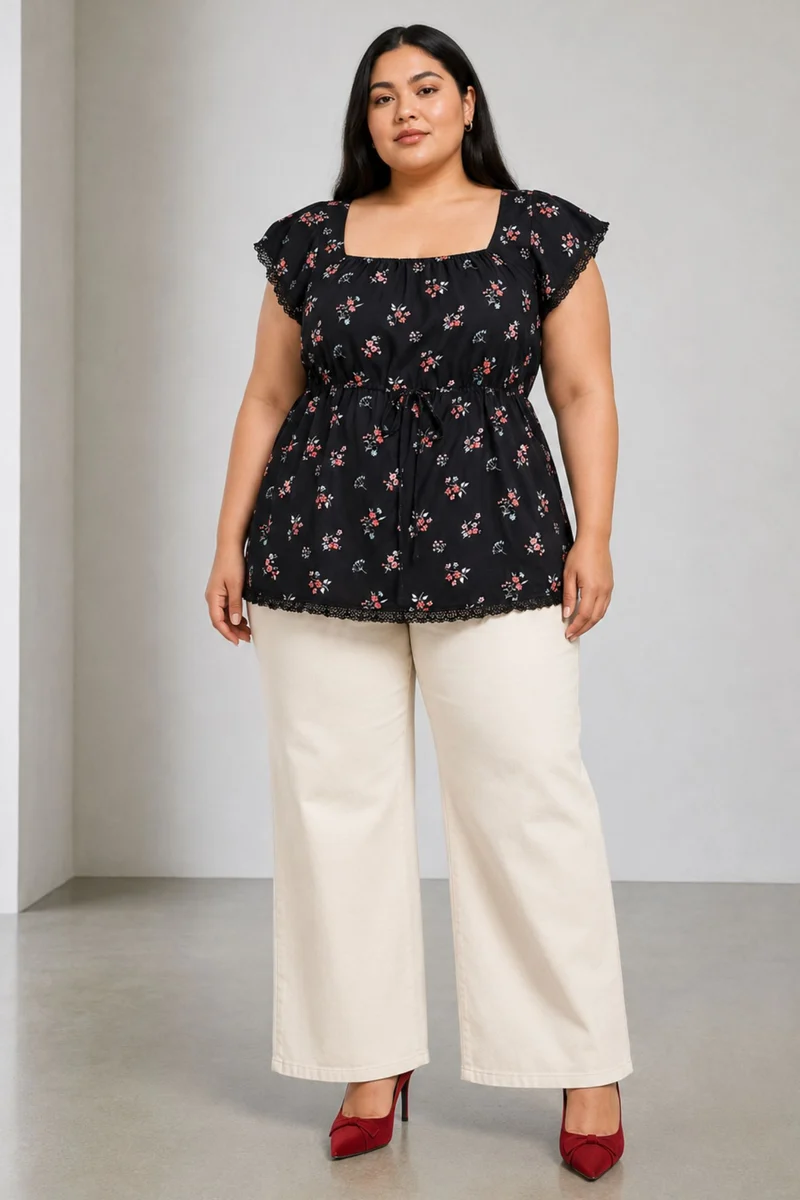 Viora|Viscose Peplum Top With Lace Detail