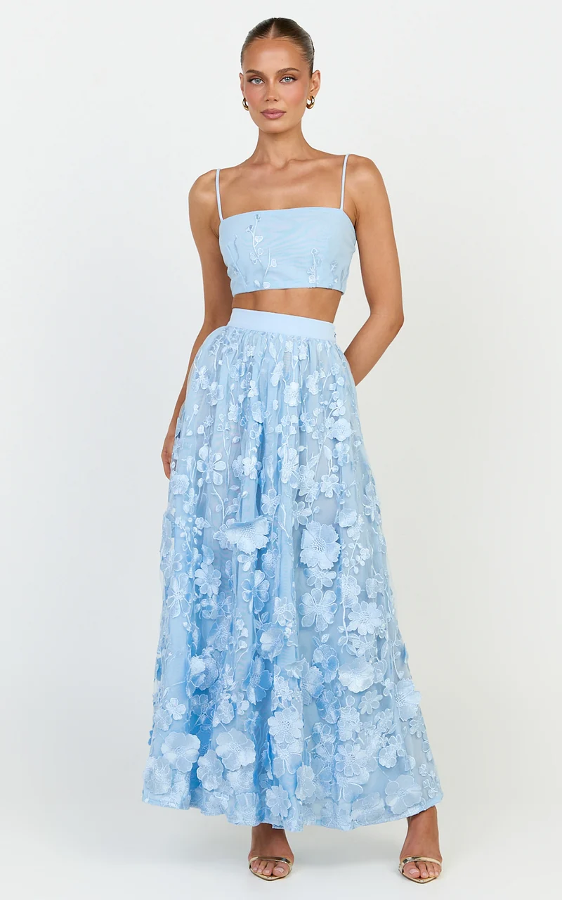 Beth Two Piece Top and Skirt Set - Floral Lace Micro Crop Top And A Line Maxi Skirt Set in Blue