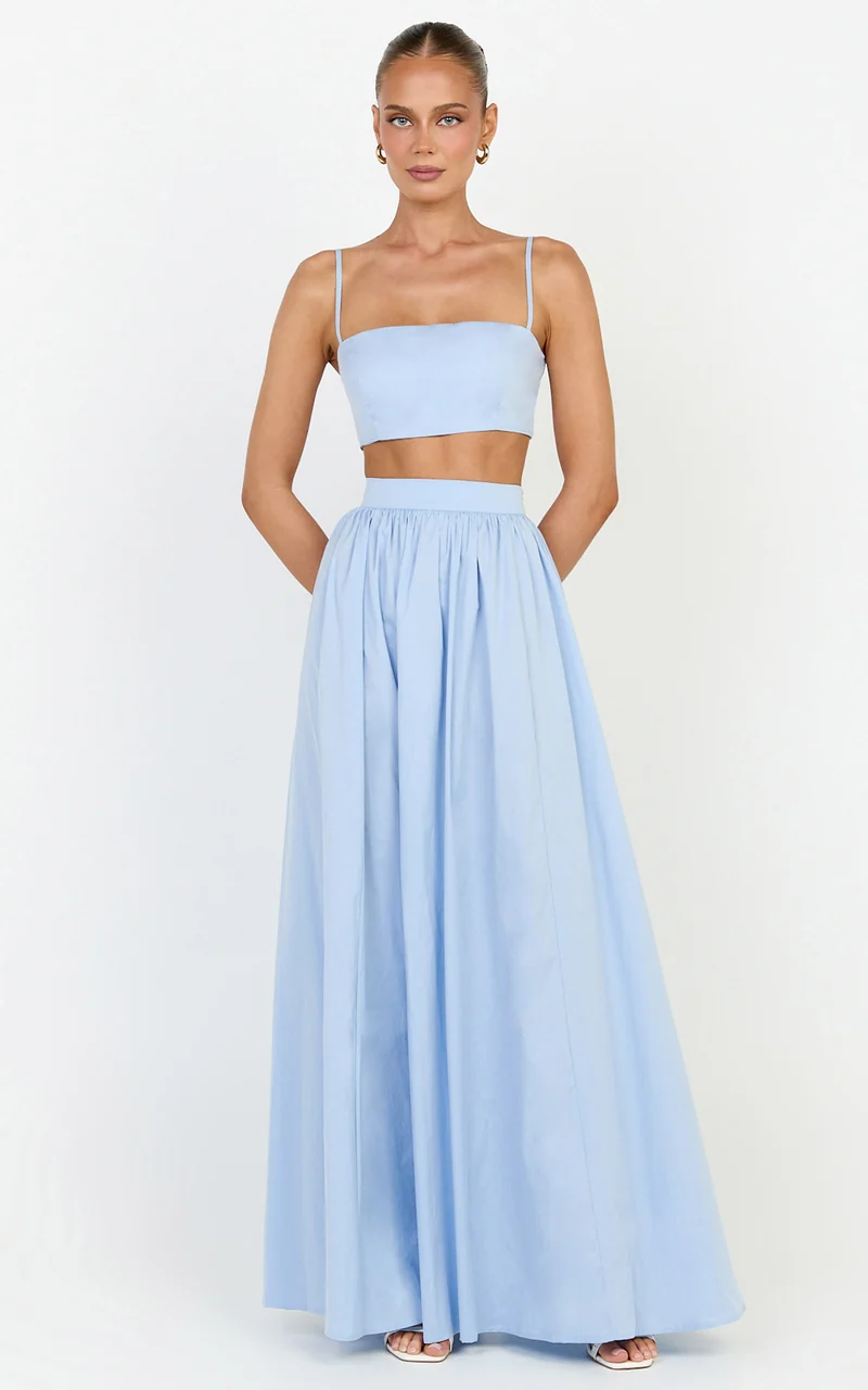 Tegan Two Piece Set - Straight Neck Micro Crop Top and A Line Maxi Skirt Set in Blue