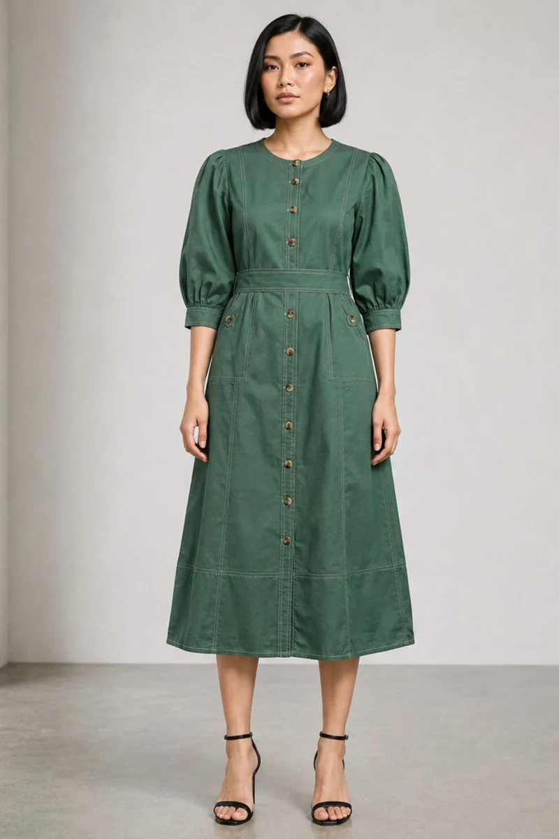 Brio|Cotton Belted Midi Shirt Dress