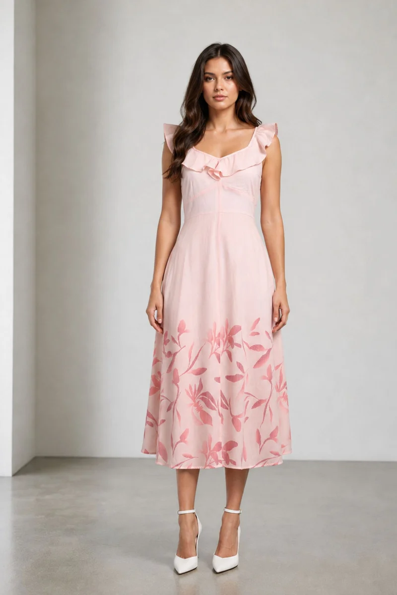 Seriva|Viscose Printed Ruffle Neck Midi Dress