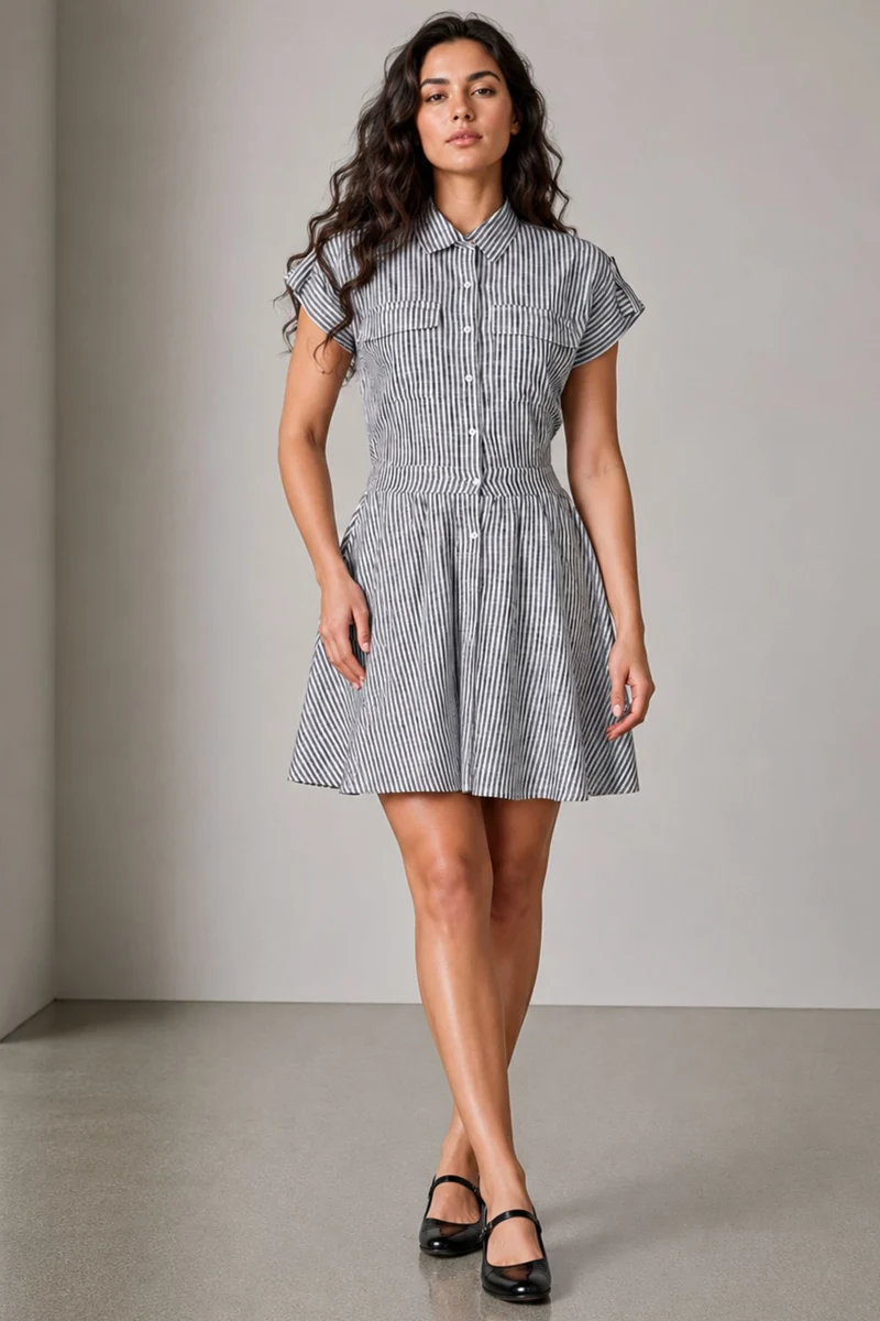 Tarin|Cotton Striped Mini Shirt Dress
