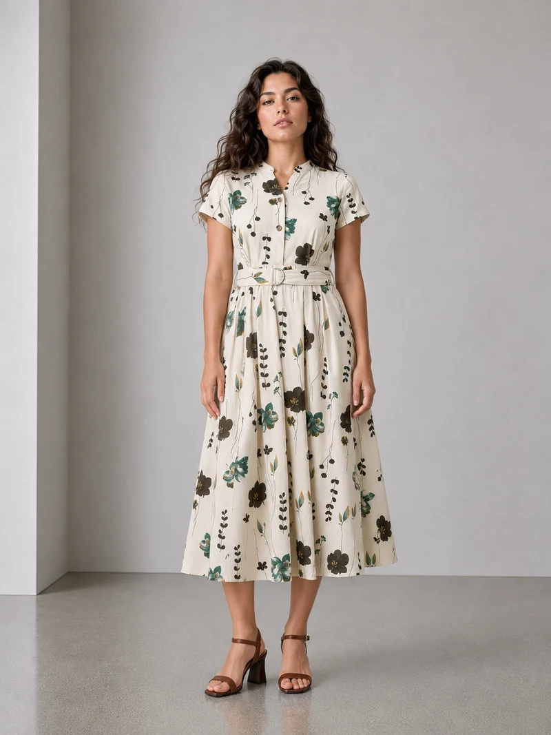Nivo|Cotton Mandarin Collar Belted Midi Dress