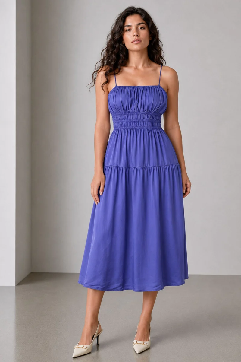 Vesper|Satin Elasticated Waist Midi Dress