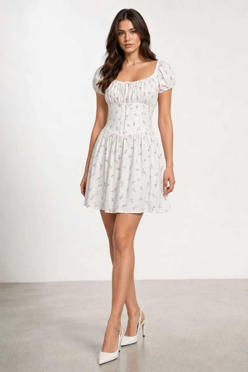 Evada|Cotton Sweetheart Neck Printed Mini Dress